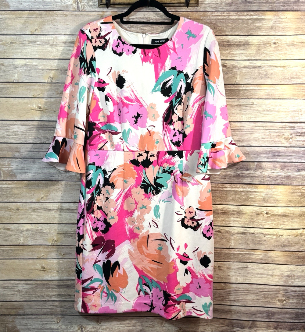 Nine West Pink Colorful Brushstroke & Floral Bell Sleeve Career Sheath Dress 12